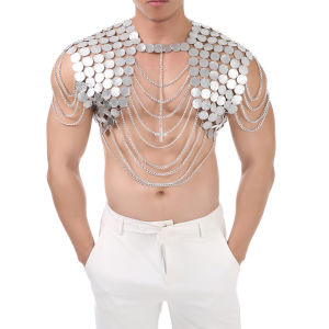 Mens Shoulder Harness Body Chain Chest Jewelry Punk Gothic Multi-Layer Silver Chain Shoulder Accessory for Club Party