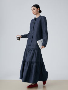 XIAODADEHUA | Blue Denim Long Sleeve Shirt Skirt Set