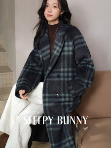 Double Breasted Notched Collar Grid Pattern Winter Loose Coat