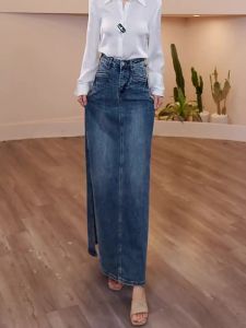 MANMI | Chân Váy Jean A-Line Cổ Điển Màu Xanh Đậm Dây Nịt Cao Giảm Béo Có Khe