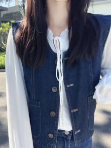 GEBOFU | Retro Literary Wooden Ears Design Denim Vest
