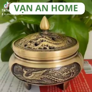Lư đồng xông đốt trầm hương Vạn An Home lư đồng đốt trầm có chân khắc hình rồng phượng tặng kèm trụ hồ lô và miếng lót chống cháy