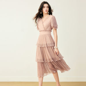 BADINA | Bathina Sequin Mesh Dress Womens V-neck Short Sleeve Cake Skirt Elegant Pink Autumn New Style Lightweight Luxury Sensation