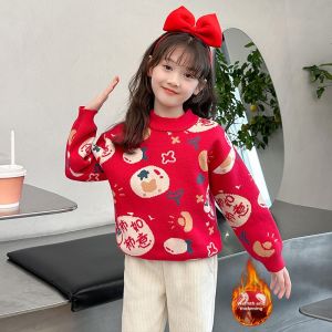Girls Knitted Fleece Lined Thickened Sweater Winter Clothes New Year Visit Red Knitwear Base Shirt for Children Ages 3-14