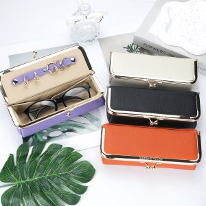 Smart King Genuine Leather RFID Blocking Fashion Glasses Case Pencil Bag with Kiss Lock Organizer for Rings Necklaces & Earrings for Women 4135