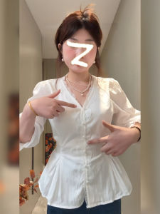 Sweet Style V-Neck Waist-Cinching Design Korean Version A2611 plus Size Shirt Top for Women Autumn New Arrival 2025