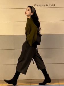 SHANGSHA | Stylish Vintage Green Shirt and Wide Leg Pants Set