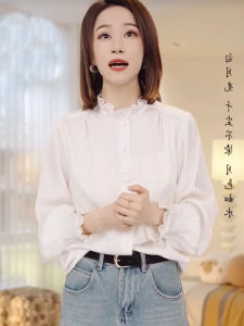 Casual Long Sleeve Shirt Single Button Design Slimming Lace Pure Color Fashionable Womens Silk Top Commute Korean Style