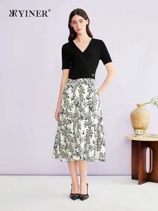 YINER | Elegant V-neck Spliced Print Waist-cinching Silk-blend Dress