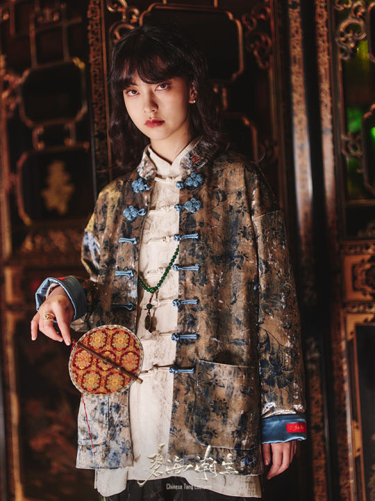 Sozen Original Print Velvet Tang Suit Casual Chinese Style Youth Clothing Floral Patterned Polyester And Spandex Blend