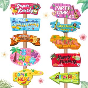 Summer Hawaiian Aloha Party Paper Signs “Happy Summer” Hawaiian Luau Directional Signboard Tropical Beach Hawaiian Party Decor