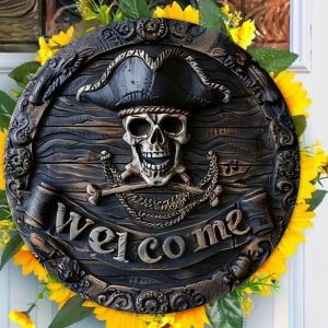 CIFbuy | Biển Chào Mừng Hình Đầu Lâu Cướp Biển Halloween Biển Kim Loại Mộc Mạc Trang Trí Tường Ma Quái Quà Tặng Cho Bữa Tiệc Hiên Nhà