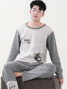 Men Pajamas Spring and Autumn Pure Cotton Long Sleeves Plus Size Male Teenagers Student Dormitory Youth Cartoon Homewear Suit