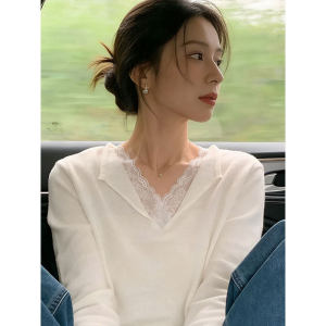 V-Neck Unique Lace Trimmed Layered Look Knit Top