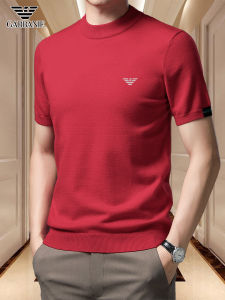 เสื้อยืดคอกลมแขนสั้นสีแดง เสื้อถักผ้าขนสัตว์สำหรับผู้ชาย Pierre Cardin ฤดูใบไม้ร่วง/ฤดูหนาว เสื้อชั้นในแฟชั่น