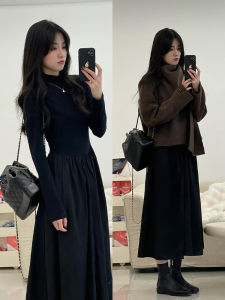Black Knitted Slim Fit Dress Womens Early Autumn Long Sleeve Waist Cinched Hepburn Style Coat Inner Long Skirt City Commute