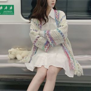 IELGY Retro ethnic style shawl loose hollow knitted cardigan for women