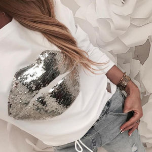 Fashionable Long Sleeve T-Shirt with Lip Sequins Street Style round Neck Loose Fit Spring Summer Casual Wear Pure Color
