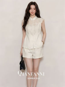 QFN | Elegant and Slim French Chinese-Style Lace Spliced Short Sleeve Shirt and Shorts Set