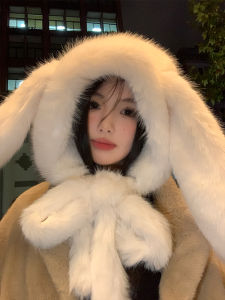 Cute Rabbit Ear Thickened Plush Hat Scarf Integrated Warm Ear Protection Womens Winter Fashionable Sweet Style Cartoon Hat