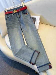 High Waist Straight Leg Nine-Tenths Jeans Womens Spring Summer New Style Slimming Small Size Flip-Flop Cigarette Pants