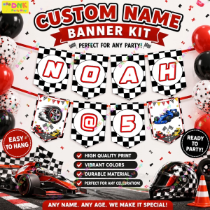 Custom Racing Sports Cars Black and White Checkered F1 Theme Thick Premium Party DIY Letter Number Banners Personalized Name Birthday Decor Customized