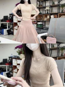 HUOLISI | Apricot Color Knit Ice Silk T-Shirt