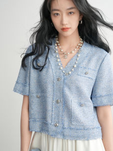 เสื้อแจ็คเก็ตผู้หญิงคอวีแขนสั้นสไตล์ฝรั่งเศส ทรงหลวม สีน้ำเงิน เส้นใยโพลีเอสเตอร์ คอตตอน อะลูมิเนียม โพลีเอสเตอร์