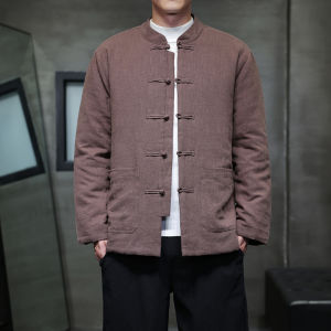 Thickened Warmth Mens Tang Suit Cotton Jacket Winter Loose Fit Long Sleeve Business Casual Style Embroidered Button Coat