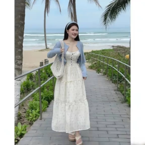 DX_Set đồ nữ mùa thu xinh đồ đi biển đầm Voan buộc dây dáng dài kèm áo khoác cardigan ngắn tay dài