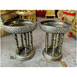 (1 คู่) พานไม้ ขันโตกไม้ กว้าง 12 นิ้ว x สูง 14.5 นิ้ว ทำสีทองเก่า โทนดำทอง เดินเส้นลายตาราง ประดับกระจก