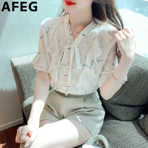 AFEG new Korean version V-neck flounder bow fashion loose assorted print chiffon flared sleeve blouse