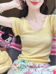Yellow V-Neck Ice Silk Knitted Short Sleeve T-Shirt Womens Summer Slim Fit Fashionable Unique Short Style Spicy Girl Top