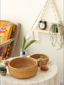 Hadewoven Round Woven Basket Wicker Tray Fruit Basket Bowl Bread Food Weaving Storage Holder Dining Room Bowls with Key