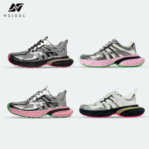 Cool Retro Silver Black Thick Bottom Dad Shoes Vintage Worn Casual Style Youth Trendy Sports Leisure round Toe mid Heel