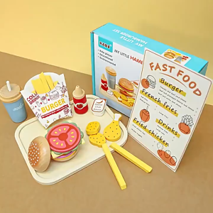 JewelRaes Kabi Wooden Burger Set for Kids with Cola Drink French Fries & Condiments Play Food Toy