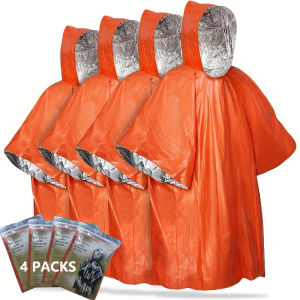 Emergency Rain Poncho with Hood - 4 Pack PE Water-Resistant & Thermal Mylar Lined Survival Blankets for Camping Gear
