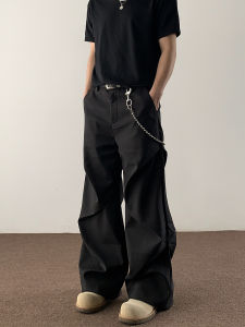 Black Mens Retro American Style Casual Pants Quick Dry Pleated Loose Fit Straight Leg CleanFit Workwear Casual Trousers