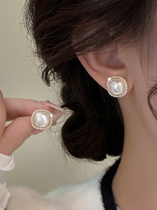 Pure Silver Pearl Square Stud Earrings Full of Diamonds Elegant Vintage Clip-On Earrings Fashionable Pearl Jewelry