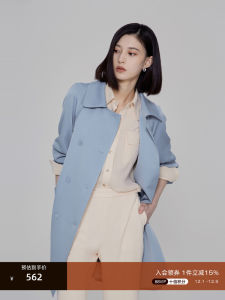 OBEG Glossy Womens Long Waist-Cinching Jacket Polyester Fiber OL Style Double-Row Buttons Regular Sleeve Length Spring Autumn