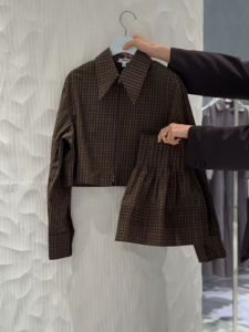 DANTING | Slim Vintage Style Brown Check Shirt Skirt Set Women