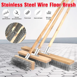 30/20cm Stainless Steel Wire Floor Brush with Long Handle Heavy Duty Wood Scrub Brush to Remove Moss Stiff Bristle Brush for Rough Surface Garage Patio Garden Pool
