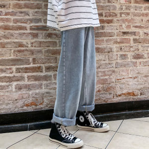 🔥Malaysia Spot🔥Jeans mens elastic wide leg pants loose straight leg pants mens American high street retro casual cropped pants