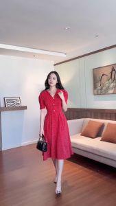 Đầm xòe cổ bẻ đính nút tay phồng có túi Misa - MS0315 (Hình thật shop chụp)
