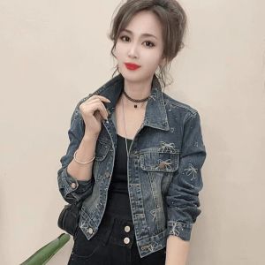 Spring Autumn Retro Hong Kong Style Denim Jacket Womens Short Sleeveless Crop Top High Waist Long Sleeve Turn-down Collar
