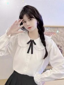 เสื้อเชิ้ตผ้าชีฟองแขนยาวสีขาวคอตุ๊กตาสไตล์ฝรั่งเศสสำหรับผู้หญิง เสื้อเชิ้ตผ้าโพลีเอสเตอร์ทรงตรงสไตล์ญี่ปุ่น