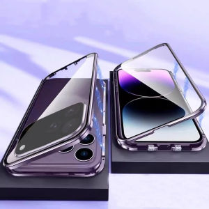 CHUBAN | Magnetic 360° Protection Double Sided Glass Case For iPhone 17E 17 16E 16 15 14 13 12 Pro Max Air Mini Plus Cover With Buckles