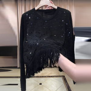 เรียบหรู สีดำ คอกลม เสื้อสเวตเตอร์ถัก ผู้หญิง เสื้อท่อนบน ขอบเลื่อม ดีไซน์ สไตล์เกาหลี หลวม Fit ฤดูใบไม้ร่วง แฟชั่น