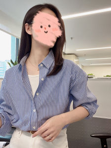 Retro Hong Kong Style Blue Striped Womens Shirt Long Sleeve Commute Fashionable High End Feel Loose Fit Button up Top