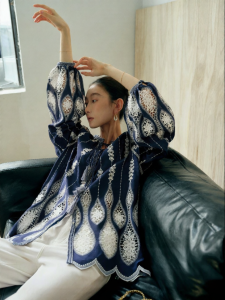 SUSHE | Oriental Embroidery Design V-Neck Tie-Waist Loose Fit Women Shirt